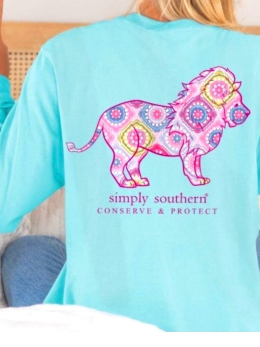 Simply Southern Light Teal Blue Long Sleeve Tee Lion Tracker Conservation Size S